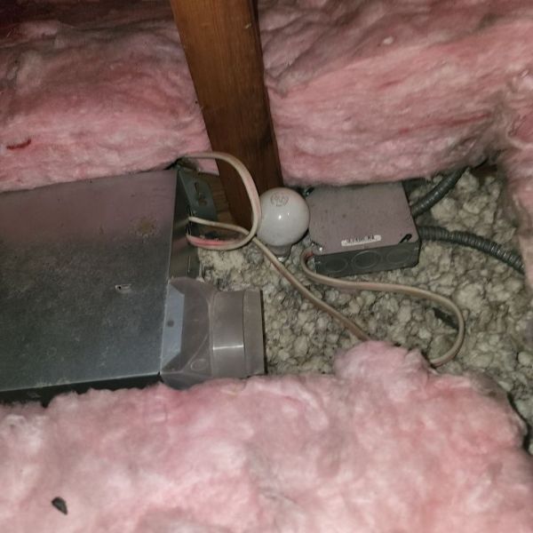 Pink insulation surrounds electrical components in an attic: metal box, junction box, lightbulb, and wires.