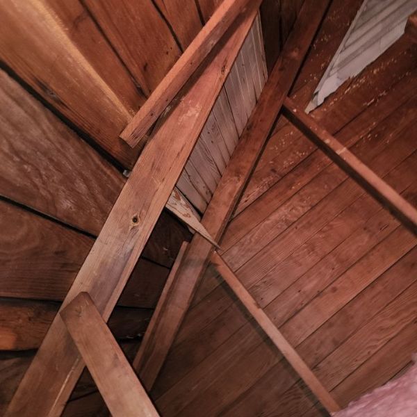Wooden attic rafters and sheathing, angled view, exposed wood, interior.