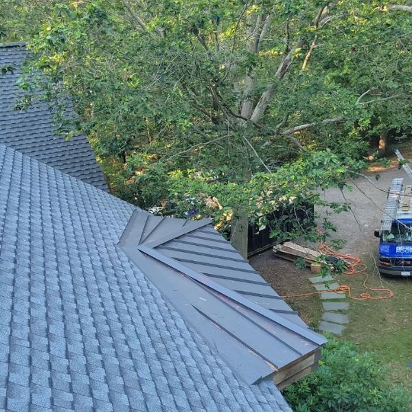 Overhead view of a dark gray shingled roof with a metal section near trees.
