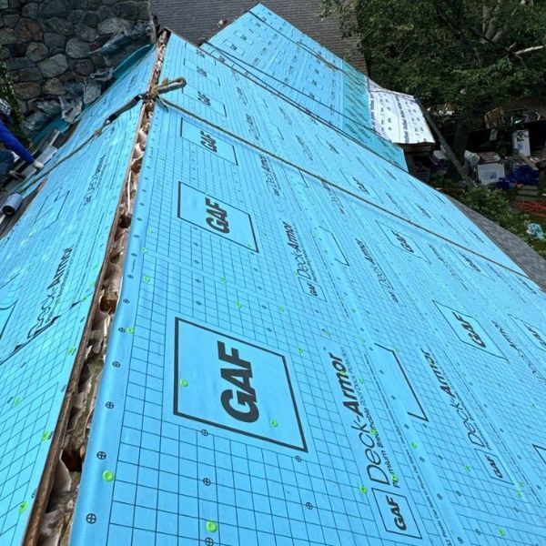 Blue roofing underlayment labeled