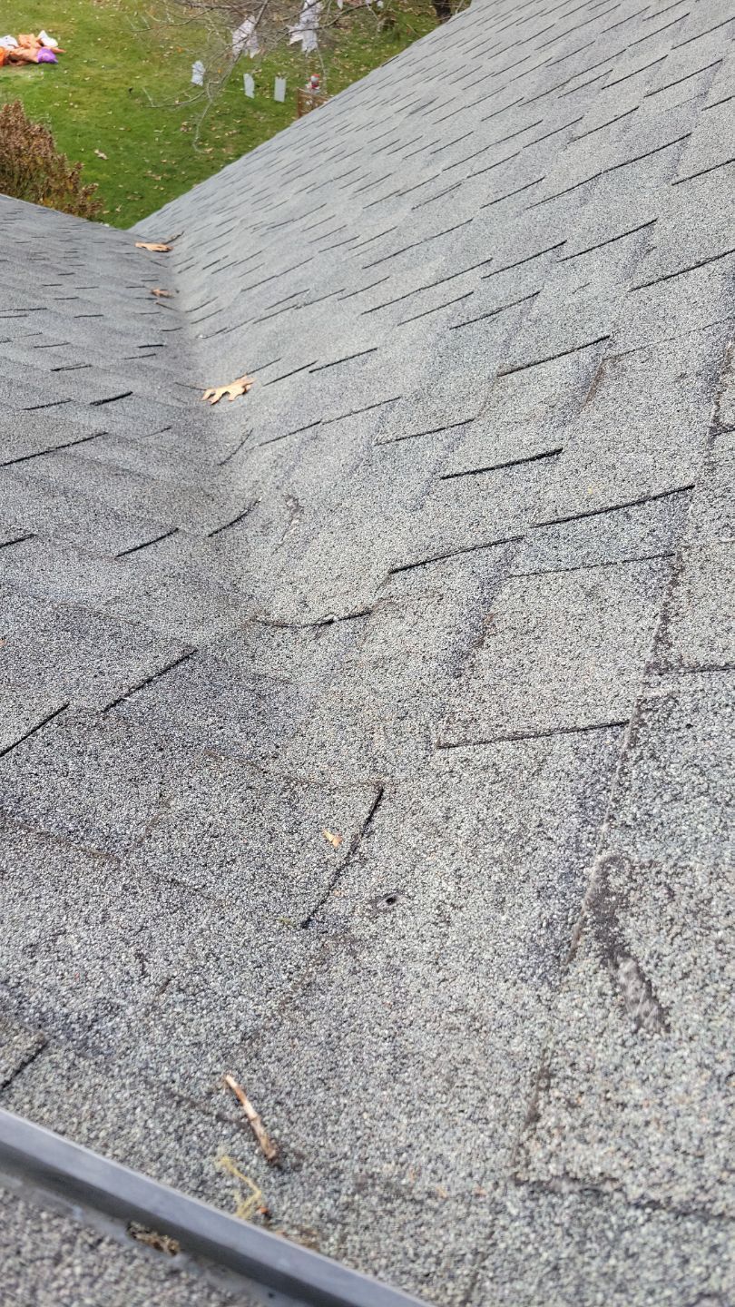 Gray asphalt shingles on a roof, with leaves and debris in the gutter.