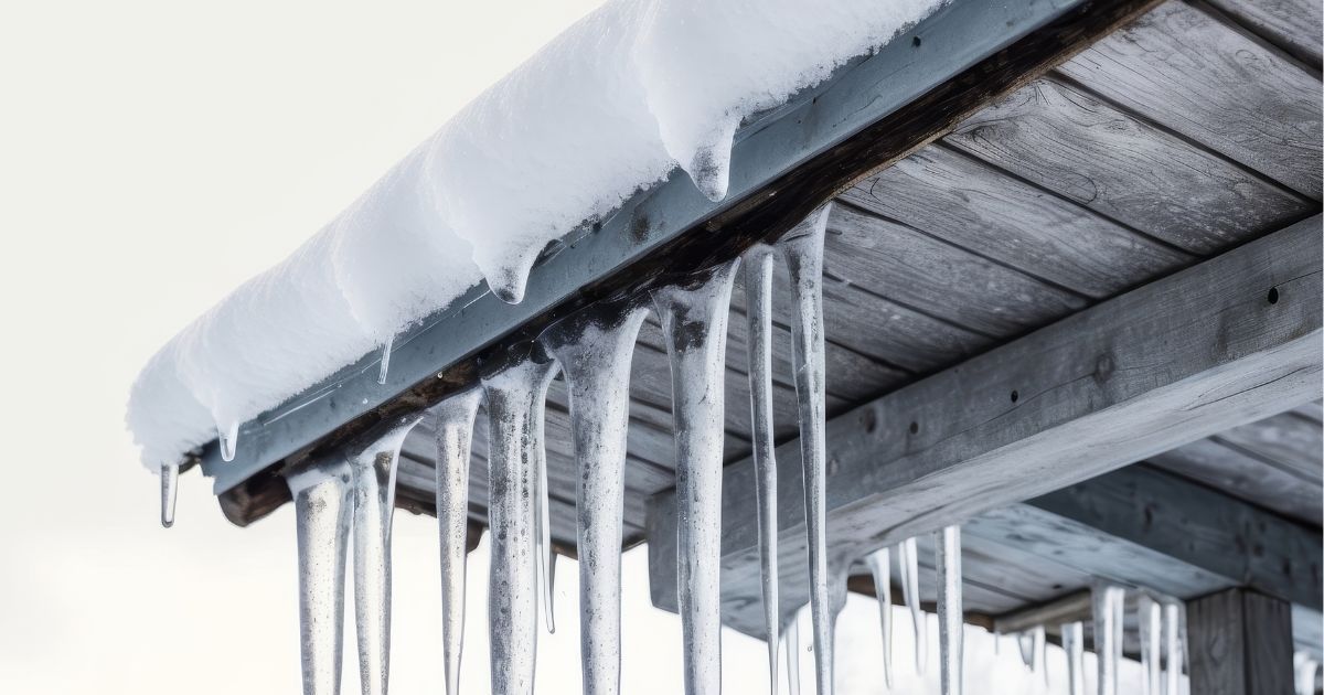 Icicles hanging from the edge of a snow-covered wooden roof against a bright, overcast sky.