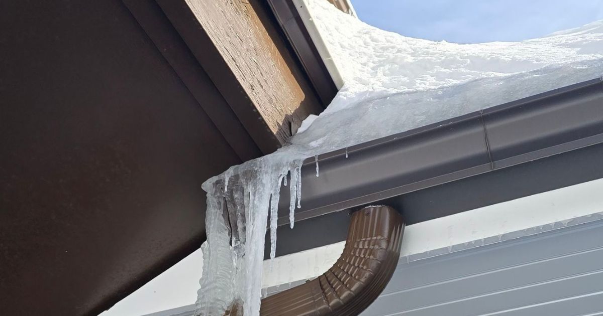 Large icicles hanging from a brown roof gutter covered in snow, with a downspout visible against a gray house siding.