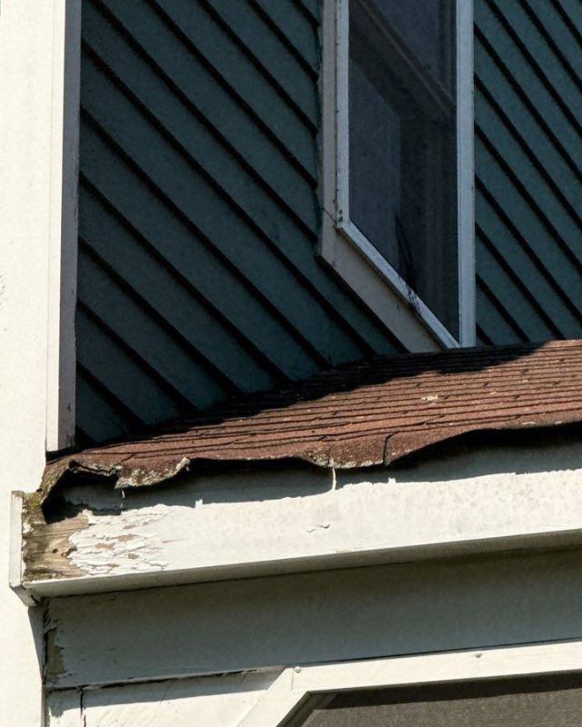 Damaged roof overhang with peeling paint, adjacent to blue siding and a window.