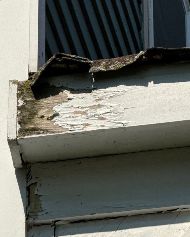 Damaged white painted wooden trim of a building with peeling paint, adjacent to a window.