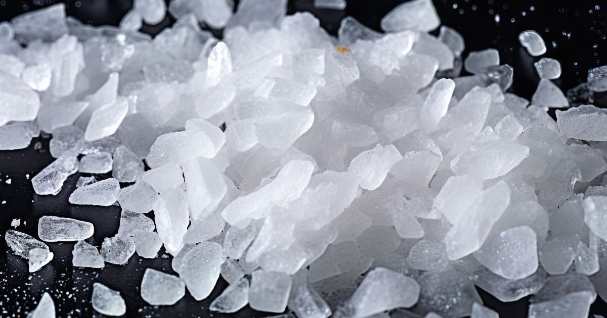 Pile of coarse, flaky white salt crystals on a black surface.