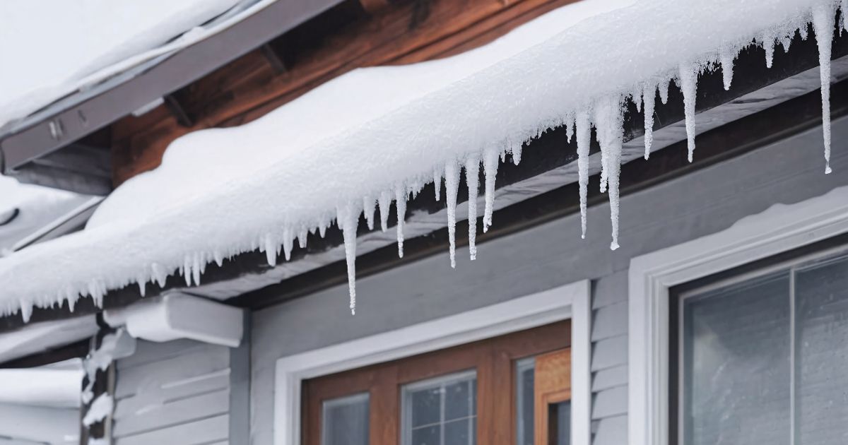 Snow-covered roof eaves with long, sharp icicles hanging above a house entryway with wooden doors.