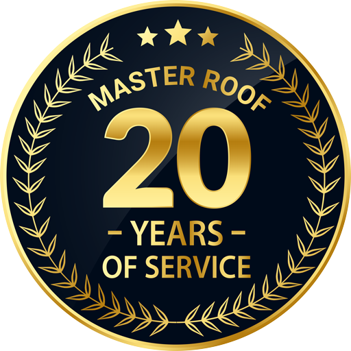 Gold and navy “Master Roof 20 Years of Service” award emblem with laurel wreath and stars