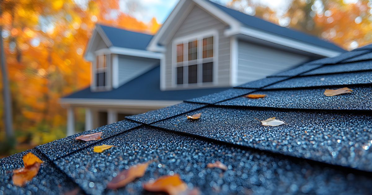 Close-up of a dark asphalt shingle roof with fallen autumn leaves; a two-story house is in the blurred background.