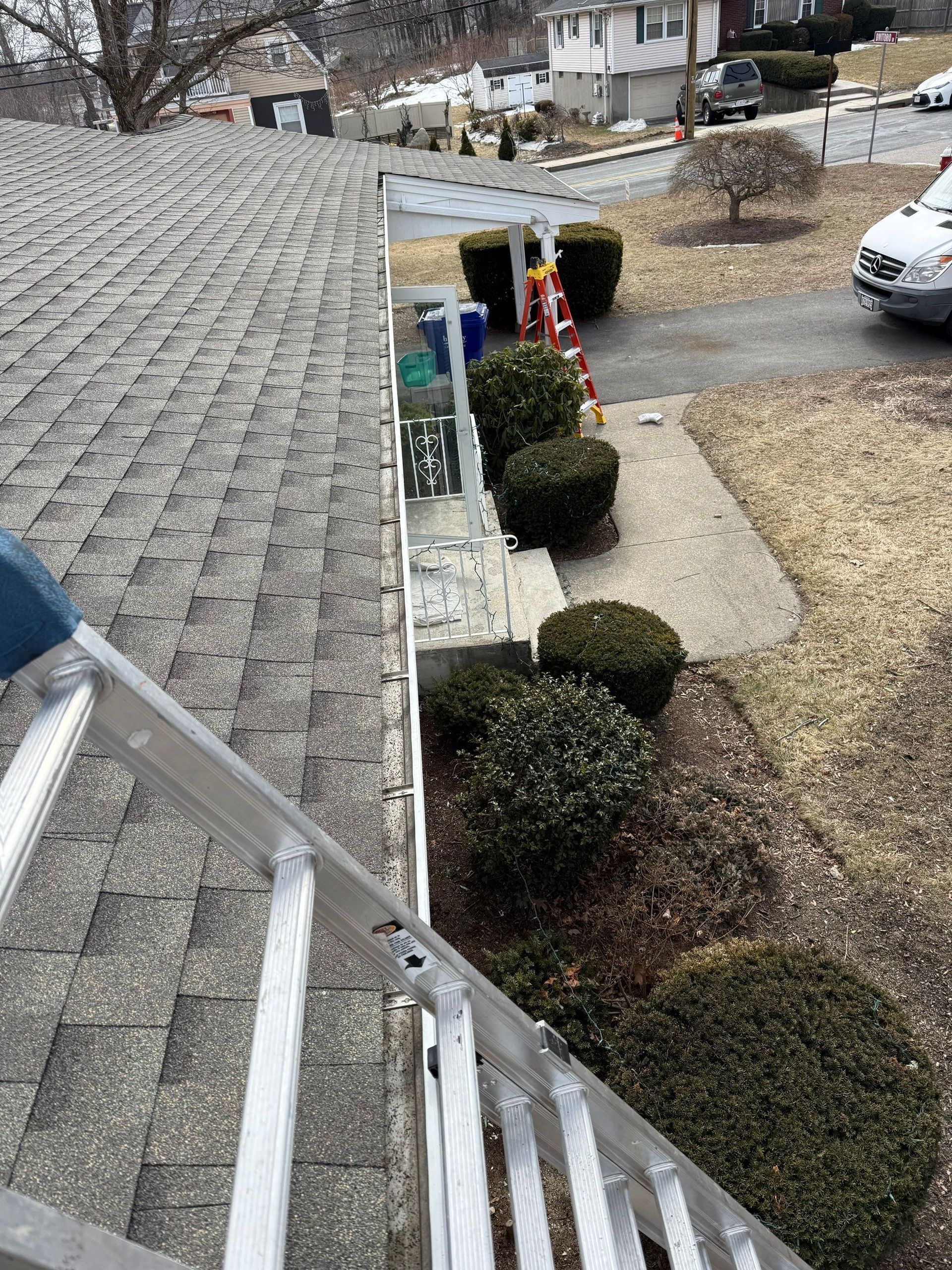 Roof with a ladder against it.