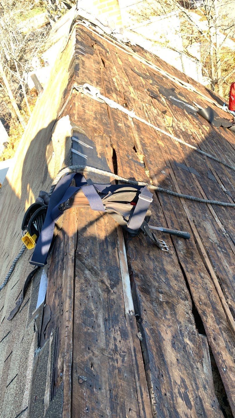 Safety harness on a weathered, damaged rooftop. Sunlight shines on the dark wood.