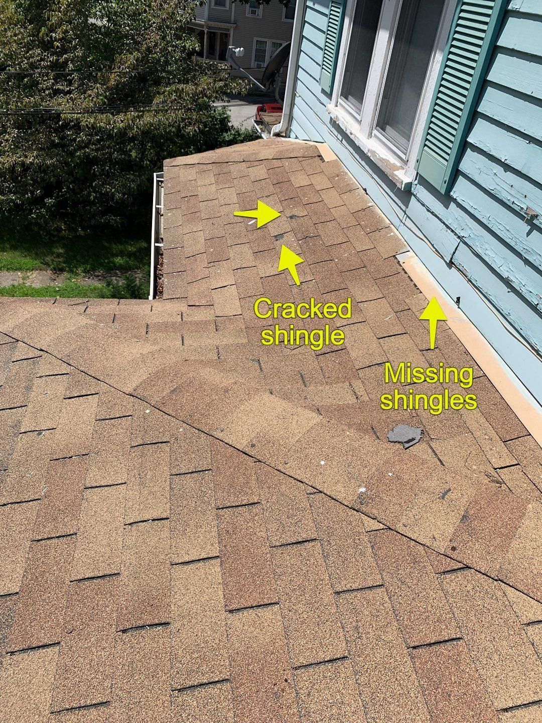 Brown shingled roof with a cracked and missing shingle. Blue house and green foliage in background.