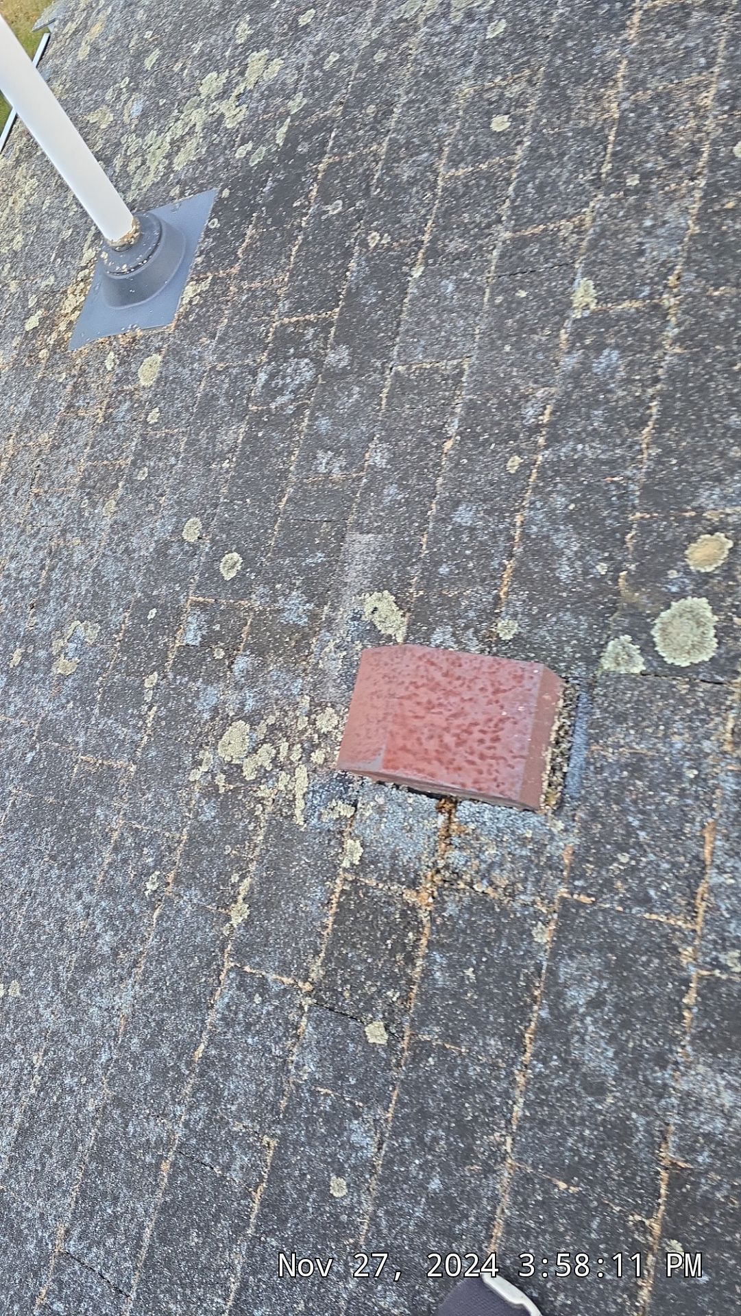 Brick on moss-covered roof tiles with a metal pole base in view.