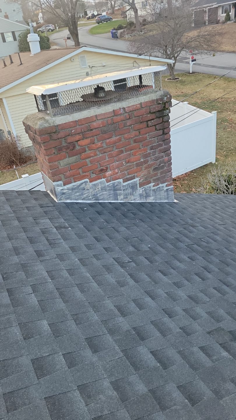 Brick chimney on a dark gray shingled roof, set against a residential neighborhood background.