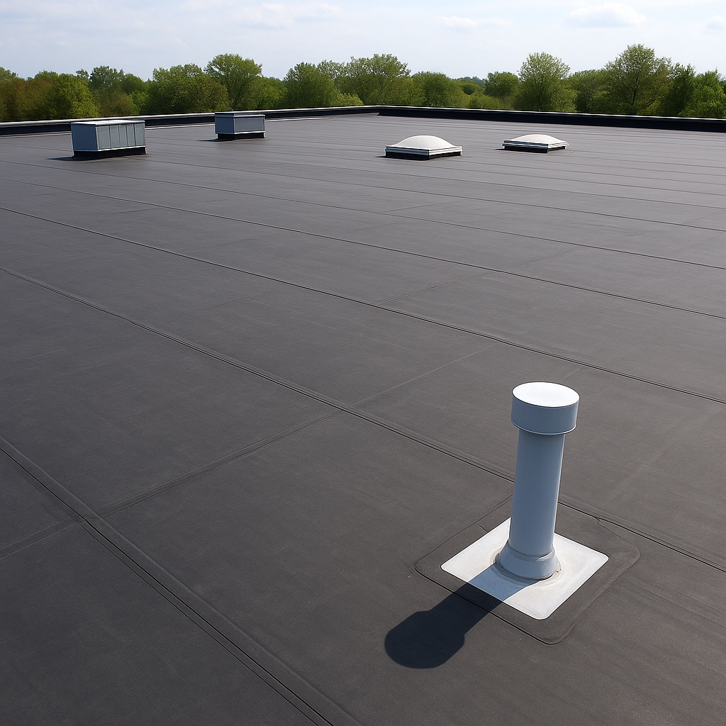 Flat black commercial roof with vents and skylights. Trees in the background.