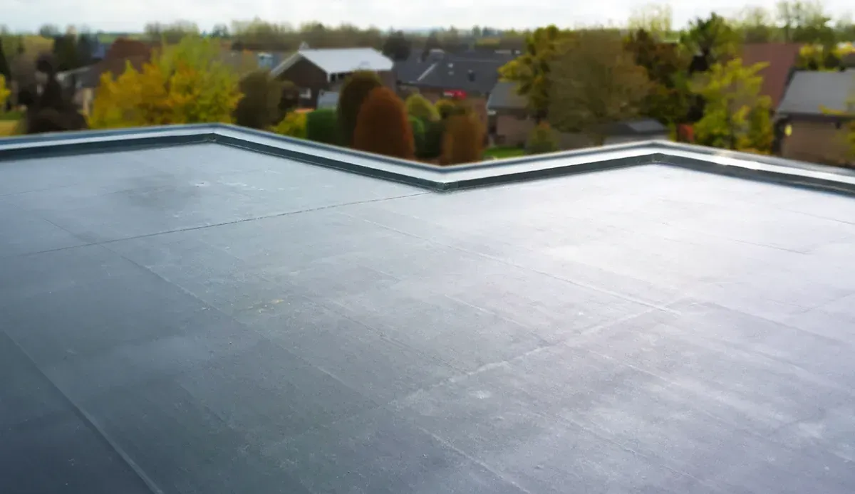 Dark flat roof with a zigzag edge, overlooking a suburban landscape.