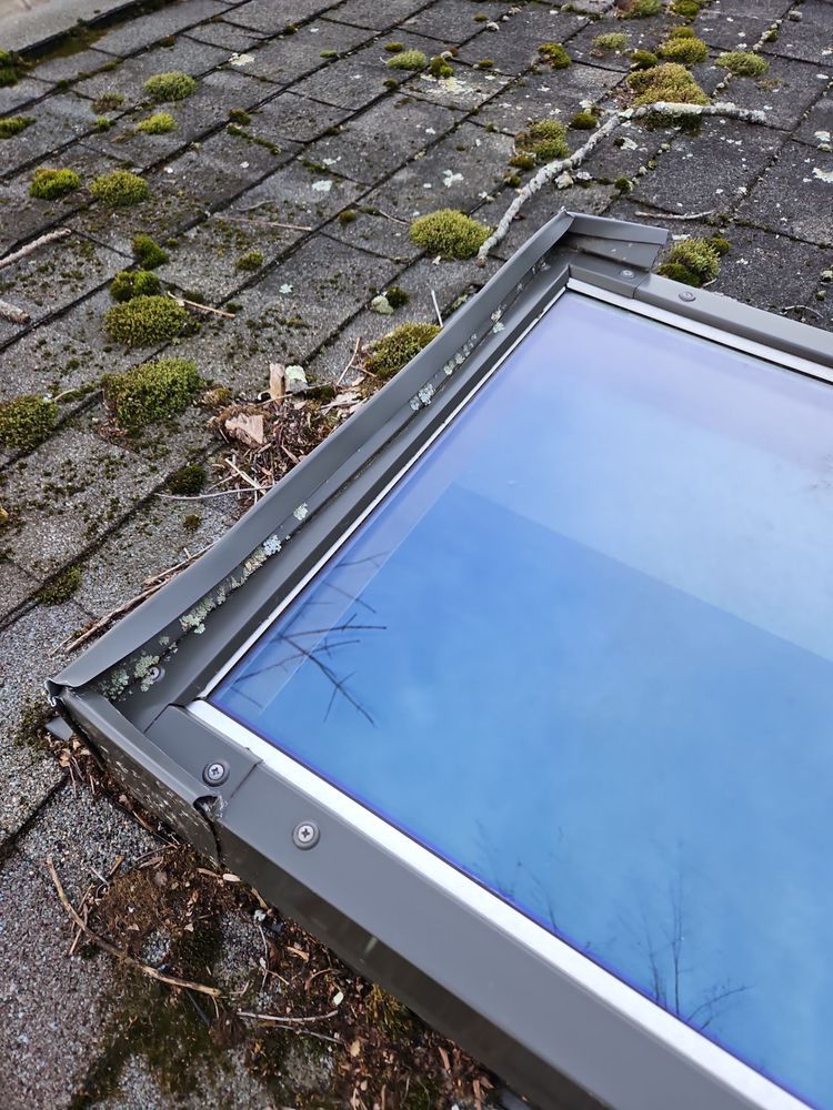 A rooftop skylight with a gray metal frame sits on a tiled roof covered in moss.