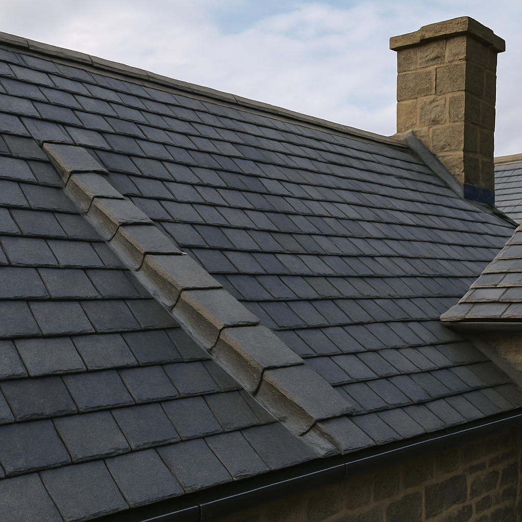 Dark gray tiled roof with stone chimney against a cloudy sky.