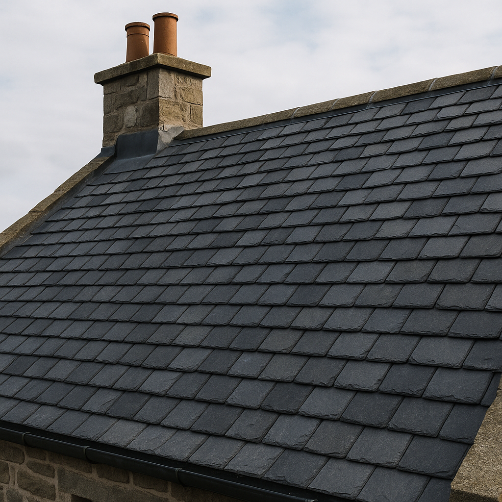 Dark gray tiled roof with stone chimney and brick flues.
