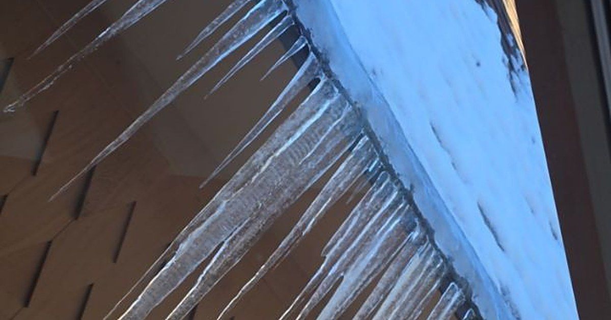 Close-up of a blue and brown corrugated roof with hanging icicles or icicle-like spikes.