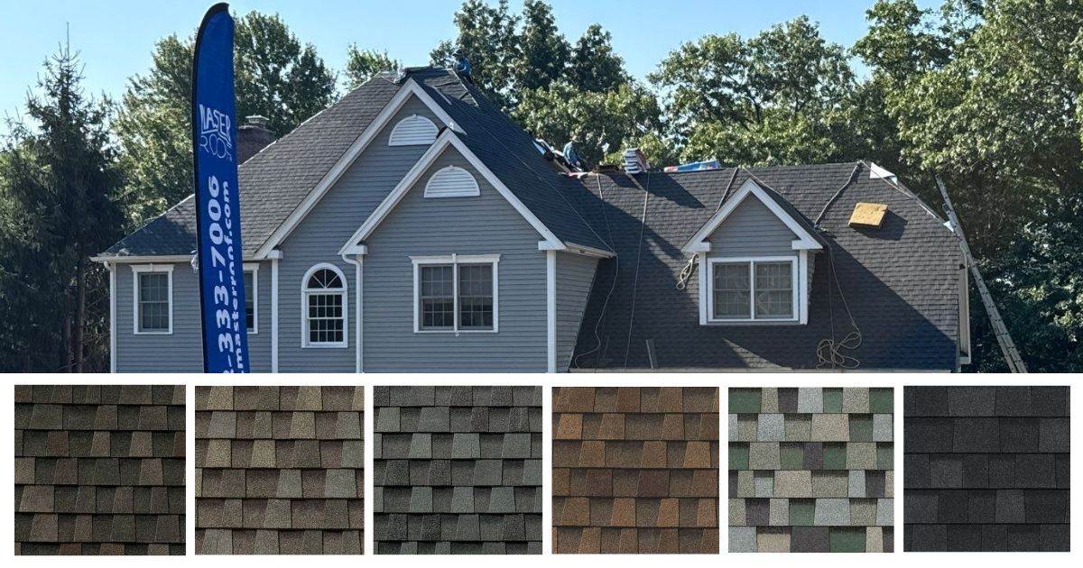 Blue house with gray shingle roof, with color samples of roofing shingles displayed below.