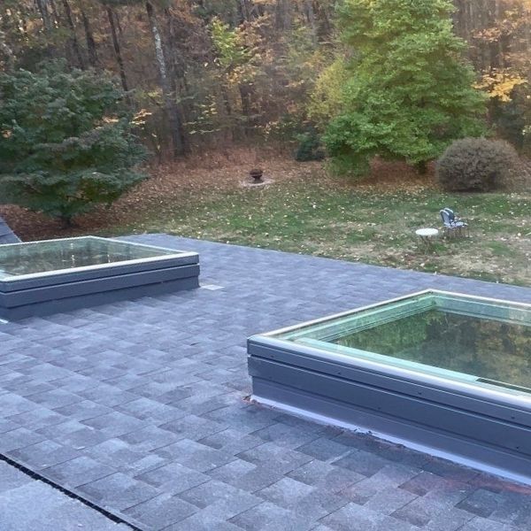 Two rectangular skylights sit on a dark-shingled roof overlooking a wooded backyard with trees and green grass.