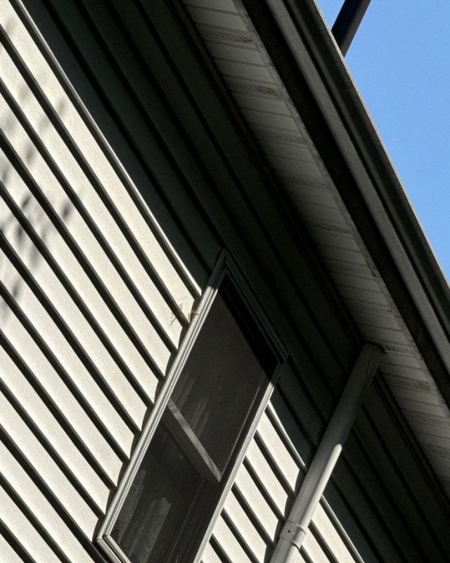 Angled view of a building's dark green siding, window, gutter, and roofline against a blue sky.