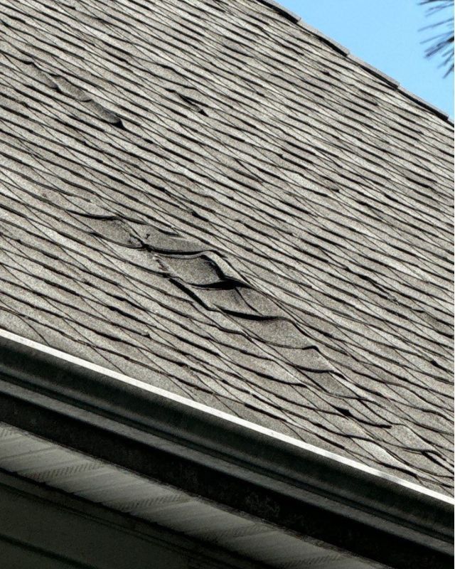 Damaged asphalt shingle roof, with raised and missing shingles. Blue sky in the background.