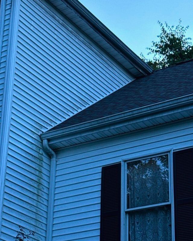 Side of a house with light blue siding, black shutters, and dark roof.