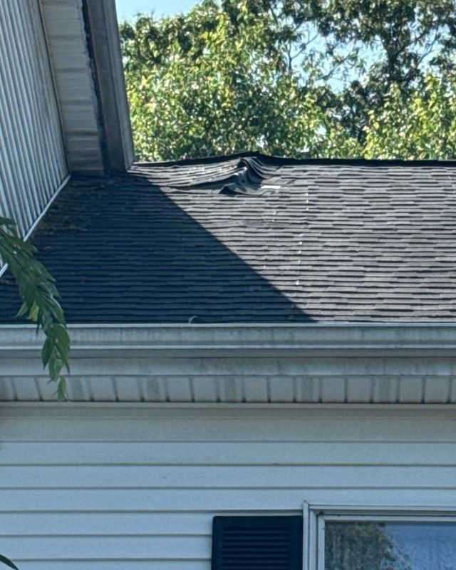 Black asphalt roof with damage and a missing shingle. White siding and a gutter below.