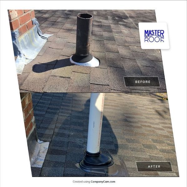 Before and After of boot pipe, chimney flashing, and GAF shingles.