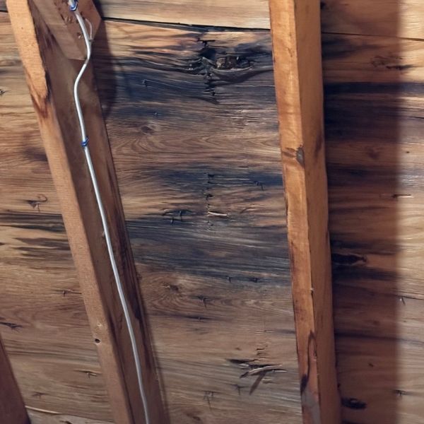 Underside of a wooden roof deck with dark, discolored patches indicating water damage between two rafters.