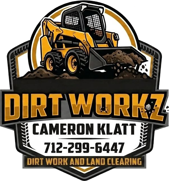 Dirt Workz logo with skid steer, Cameron Klatt, 712-299-6447, and dirt work and land clearing text