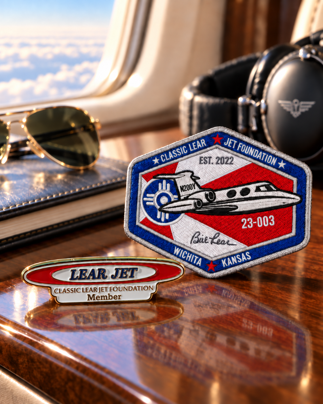 Two commemorative medallions on a polished surface by an airplane window and headphones.