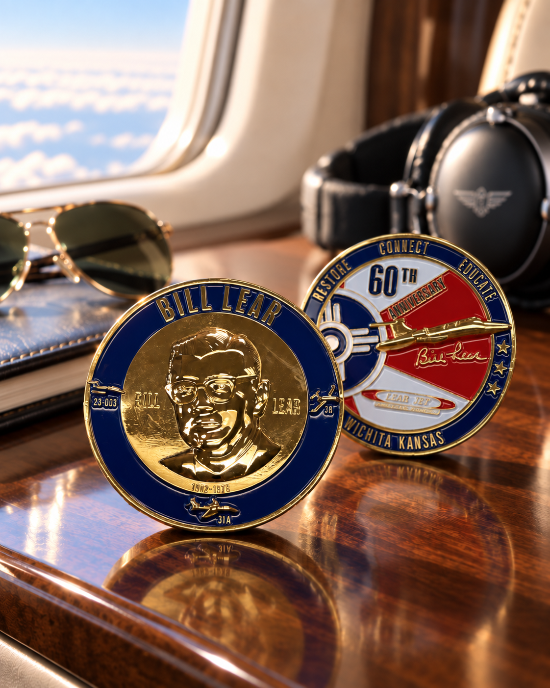 Jet-themed enamel patch and oval “LEAR JET” badge on a polished wooden desk by an airplane window.