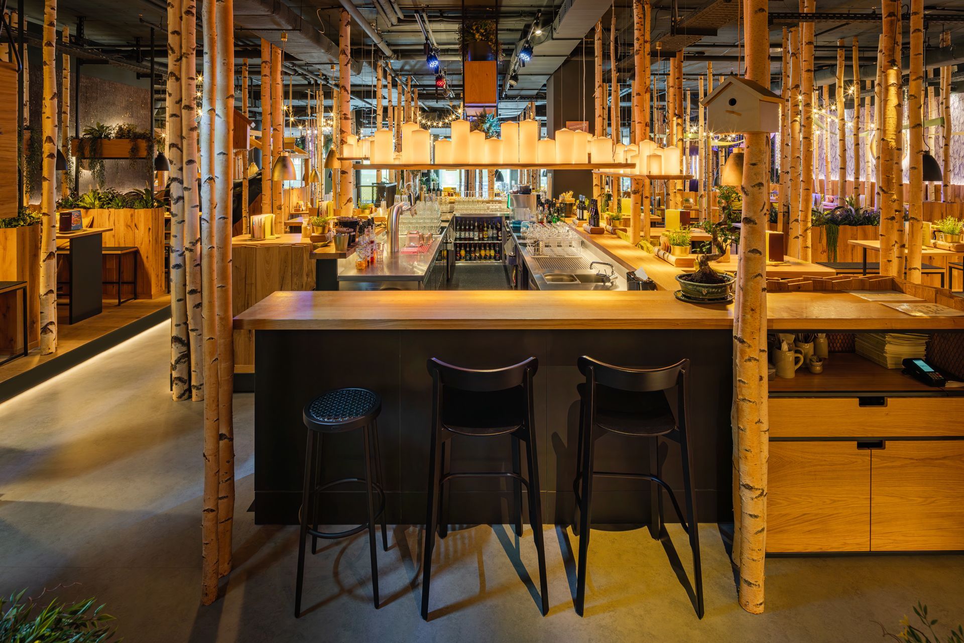 Hans im Glück Berlin - Moderner Gastronomie-Barbereich mit modernen Barhockern, stilvolle Dekoration aus Holz – Referenzprojekt Restaurantumbau Generalunternehmer Innenausbau