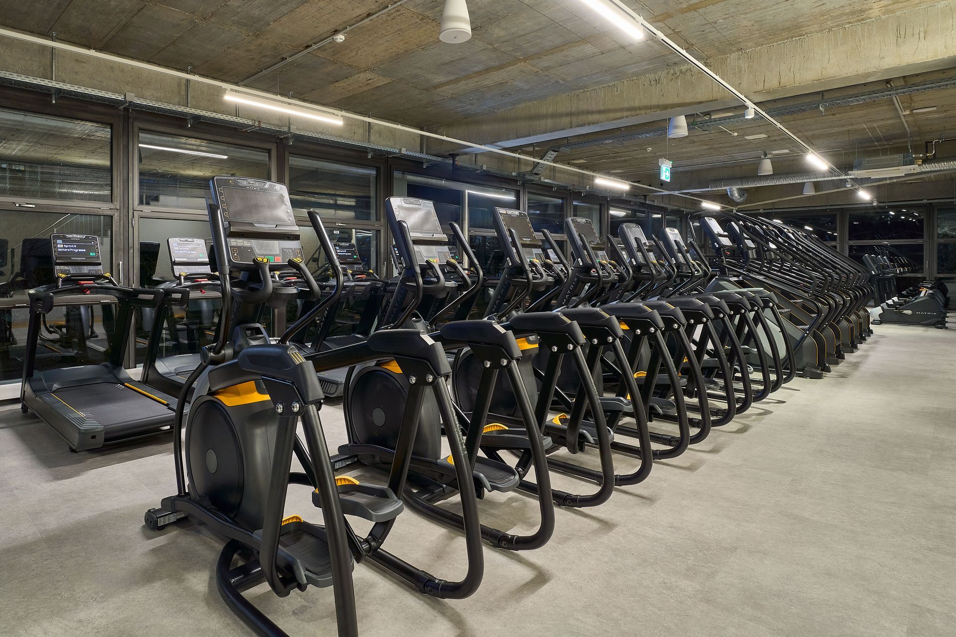 Innenausbau Fitnessstudio McFIT München Forstenried - Großer Gerätebereich mit einer Reihe von Laufbändern und Crosstrainern in einem Fitnessstudio - Referenzprojekt Fitnessstudio Innenausbau Generalunternehmer
