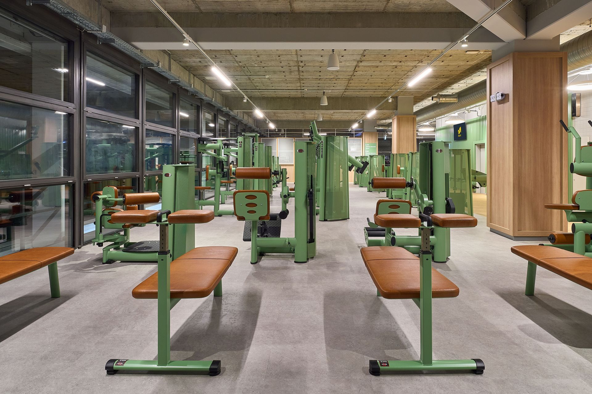 Innenausbau Fitnessstudio McFIT München Forstenried - Professioneller Fitnessbereich mit grünen und braunen Fitnessgeräten, großflächigen Fenstern und Holzverkleidung - Referenzprojekt Fitnessstudio Innenausbau Generalunternehmer