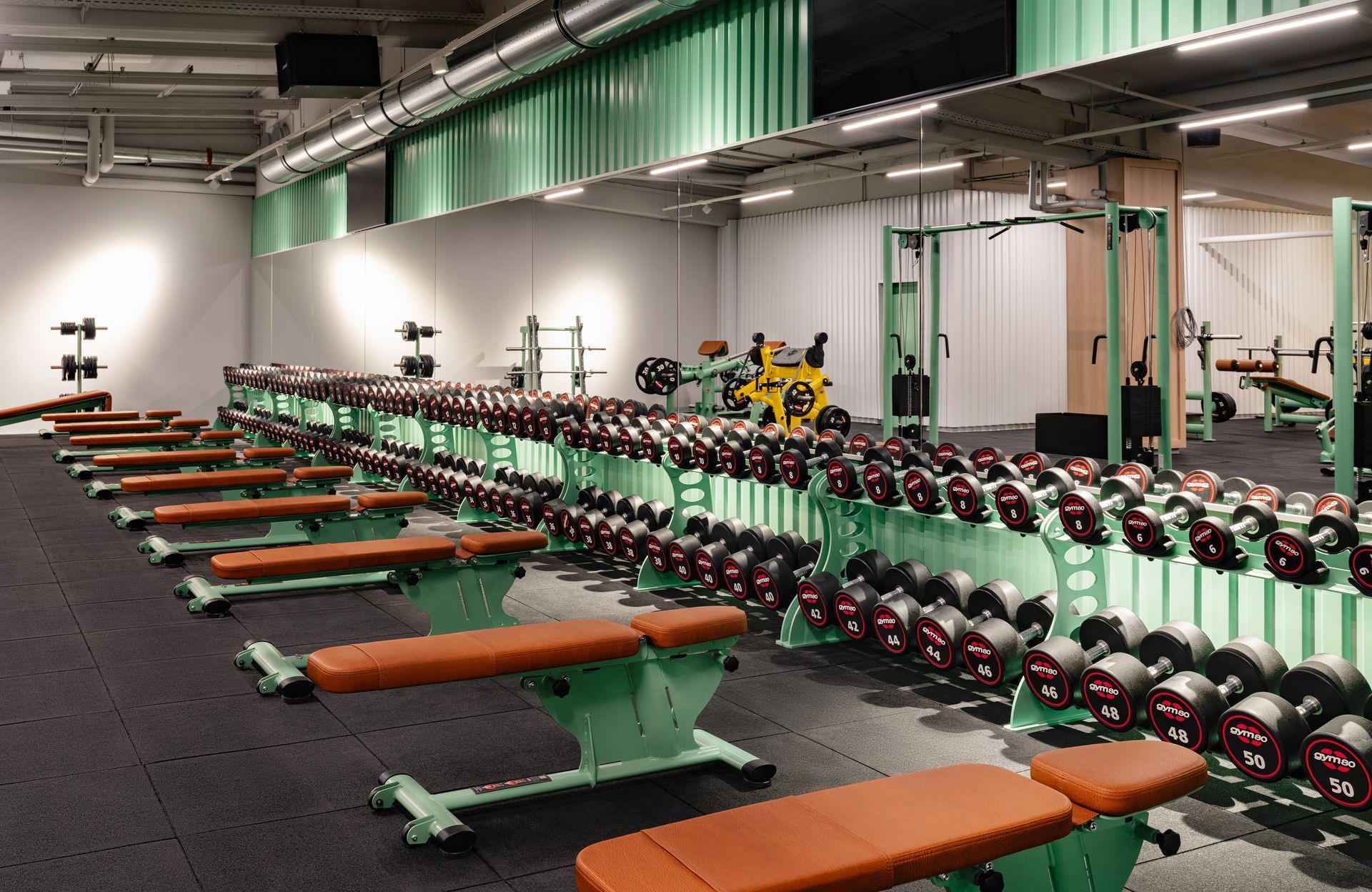 Innenausbau Fitnessstudio McFIT München Laim - Freihantelbereich ausgestattet mit Kurzhanteln, Langhanteln und Gewichte
auf Gummiboden - Referenzprojekt Fitnessstudio Innenausbau Generalunternehmer
