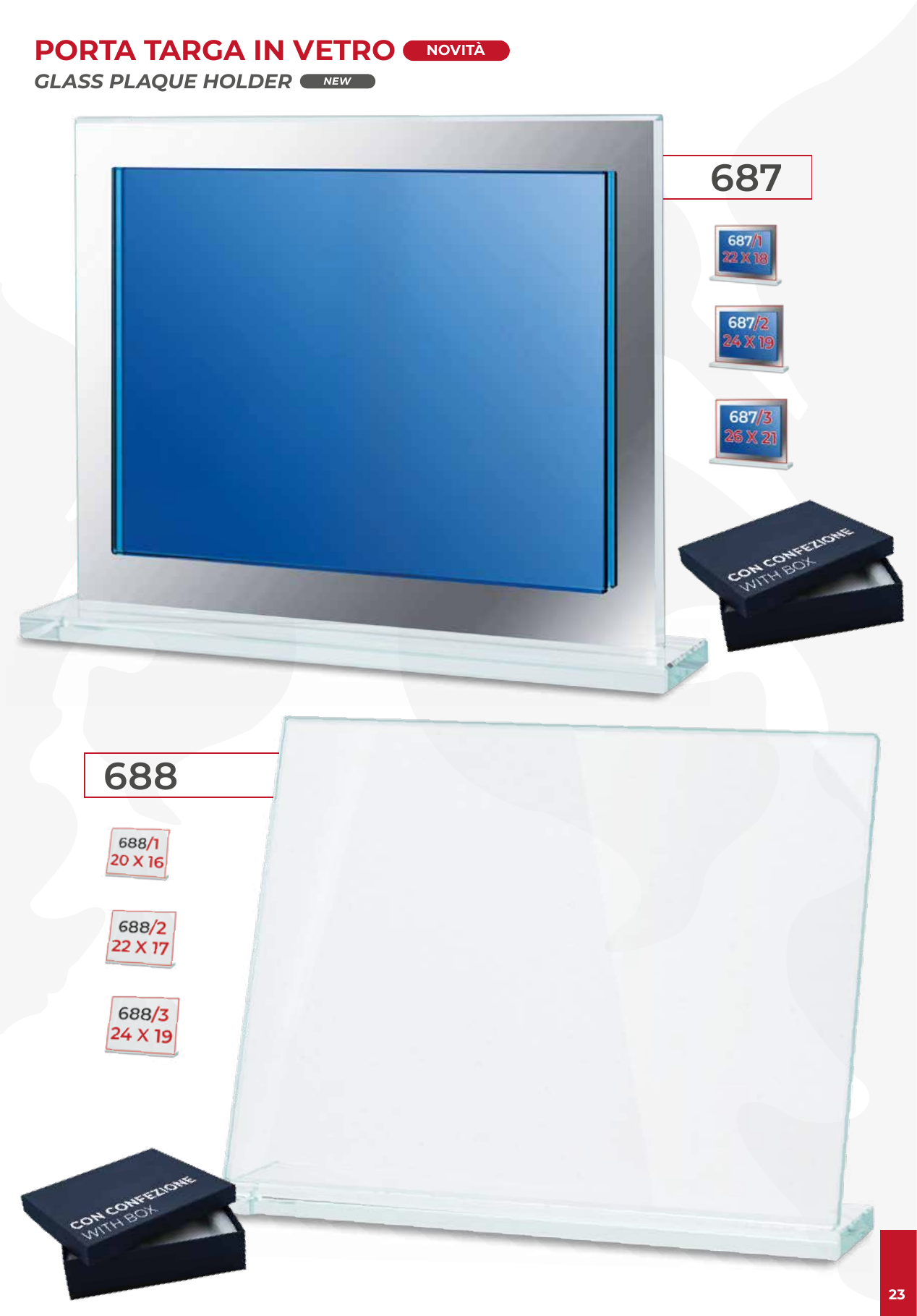 Espositore in vetro blu con cornice bianca e cerniere nere incluse, su sfondo bianco.