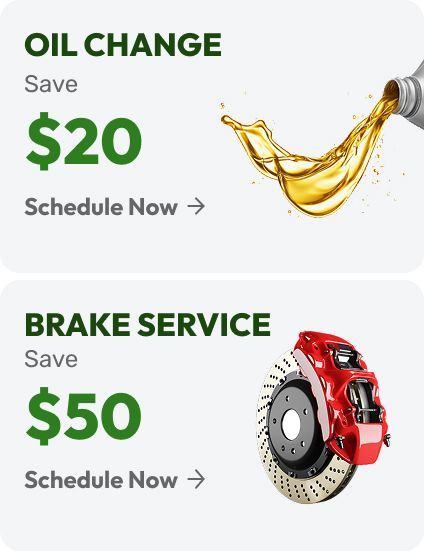 Auto service promo cards for oil change and brake service, with $20 and $50 savings, car parts shown
