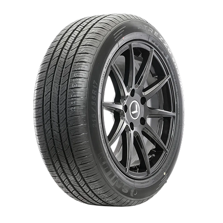Black car tire with alloy wheel on a white background