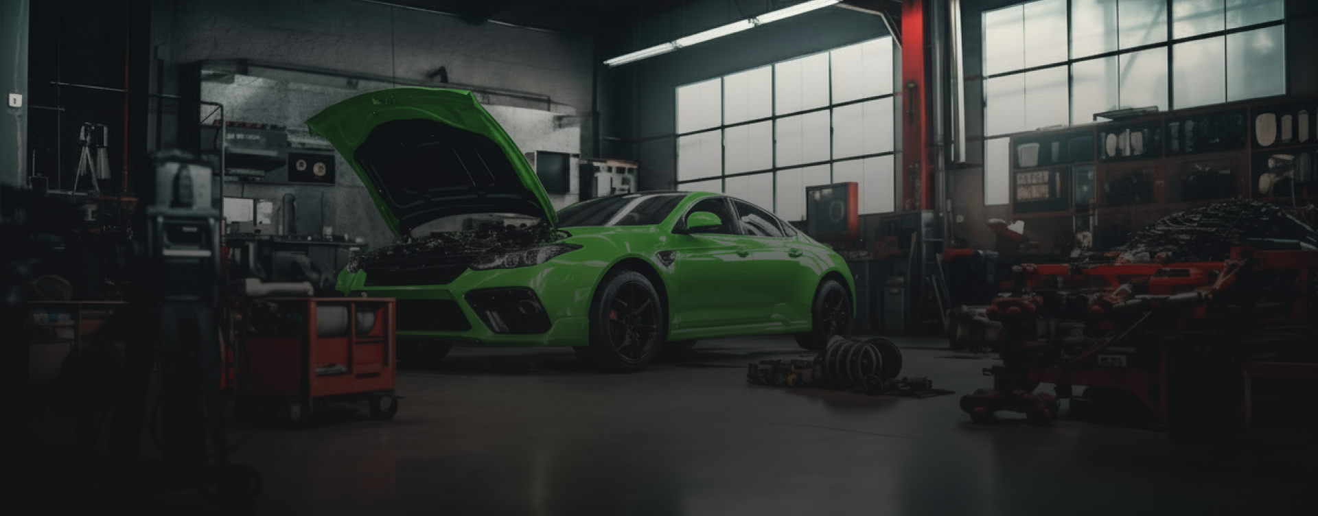 Green car parked in garage with hood up | Manassas Auto & Tire