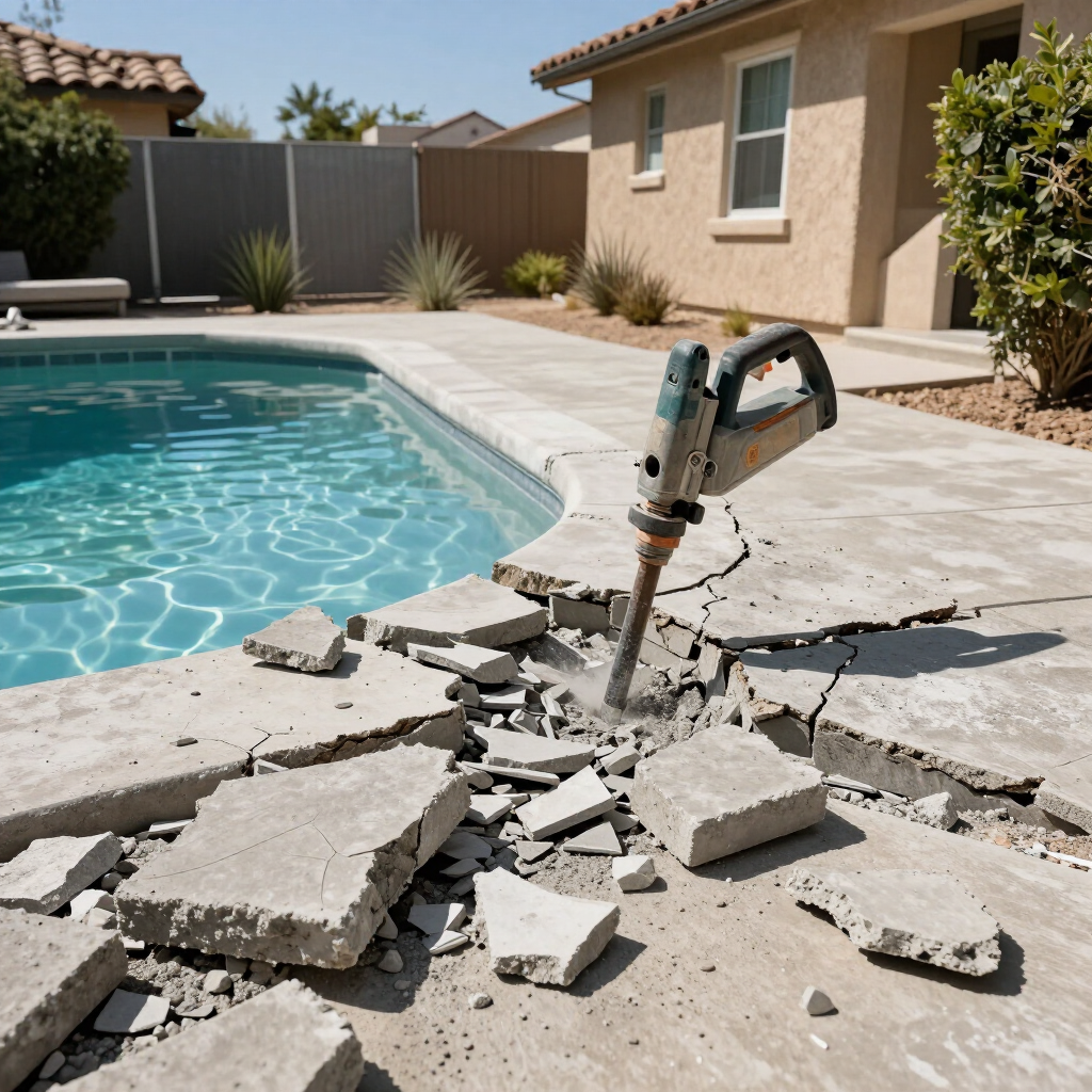 Jackhammer breaking up a concrete pool deck next to a backyard spa