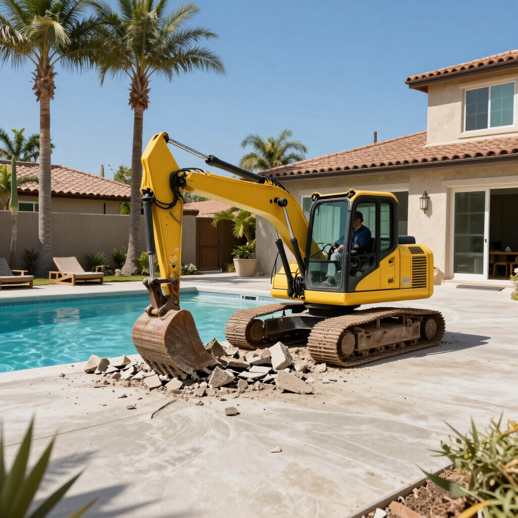 Excavator removing concrete from a backyard swimming pool