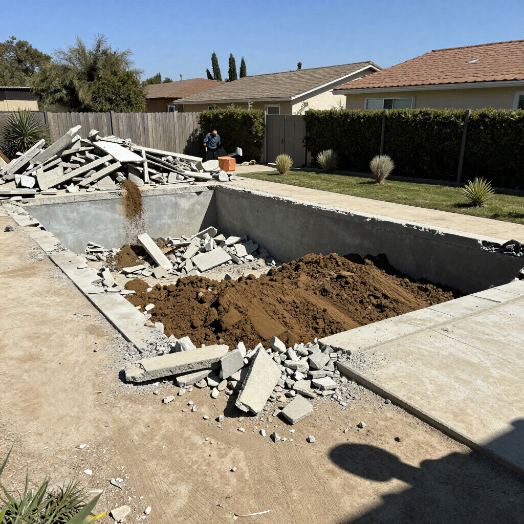 Backyard swimming pool being filled in after partial removal