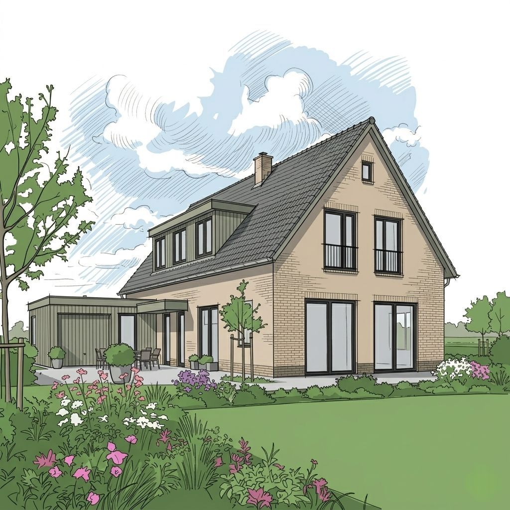 Modern bakstenen huis met een donker dak, grote ramen en een aangelegde tuin onder een blauwe hemel.