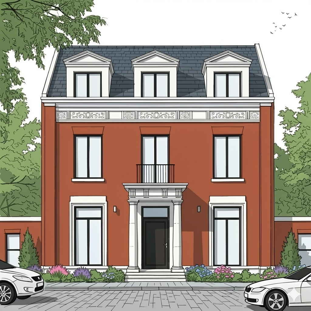 Moderne beige woning met donker dak in een aangelegde tuin onder een heldere hemel.