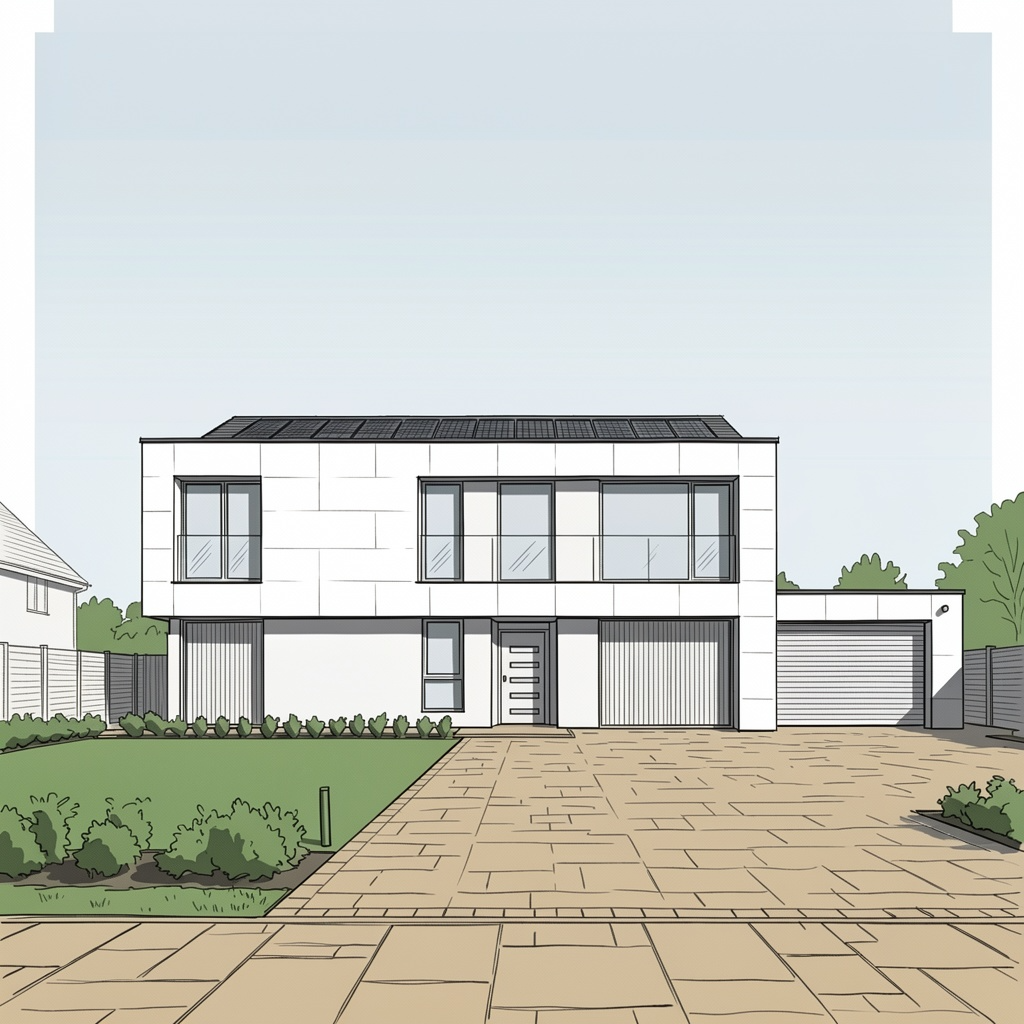 Moderne woning met twee verdiepingen, grote ramen, een gevel van grijze natuursteen en een geplaveide oprit onder een helderblauwe hemel.