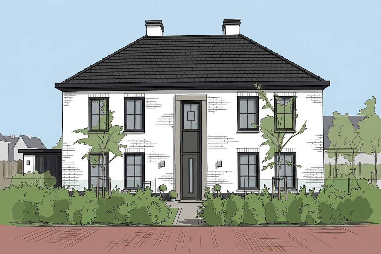 Een herenhuis van rode baksteen met een grijs mansardedak, dakkapellen en een centrale voordeur achter een kleine tuin.